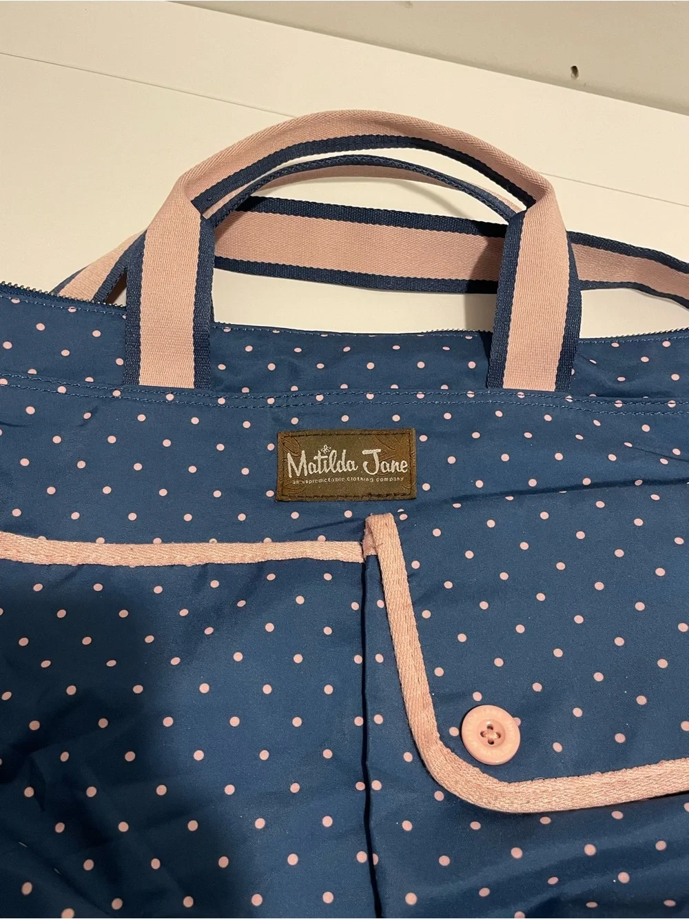 Matilda Jane Brand The Essentials Diaper Bag Navy Blue Pink Polka Dots
